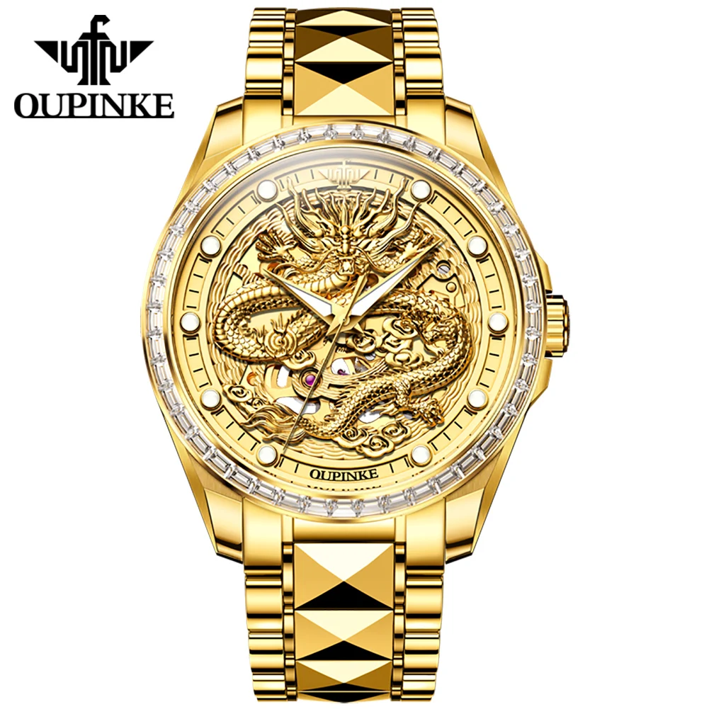 OUPINKE Gold Dragon Automatic Watch for Men Imported Movement Sapphire Mirror Tungsten steel Skeleton Mechanical Men's Watches