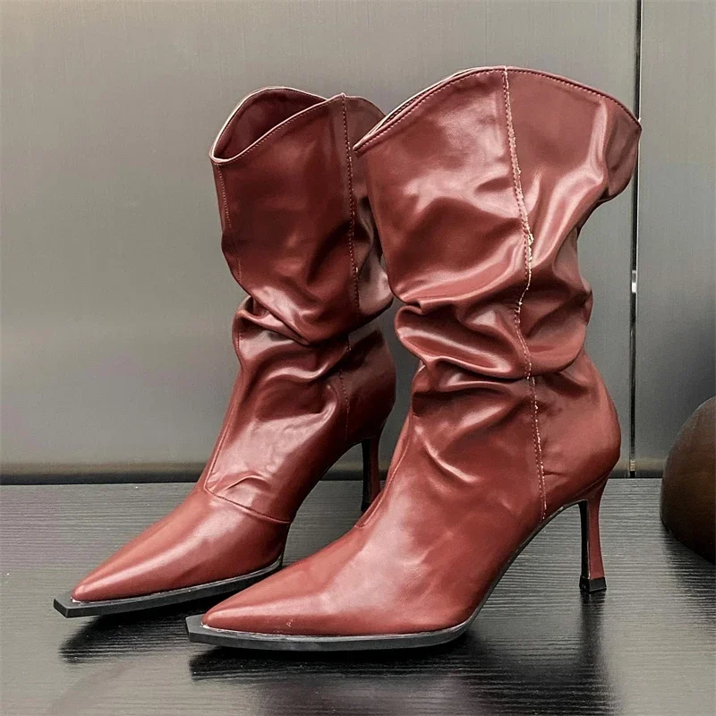 Comfortable Soft Leather PU Pleated Mid-Calf Boots Women Sexy Pointed-Toe Stiletto Motorcycle Boot Luxury Brand Designer Shoes