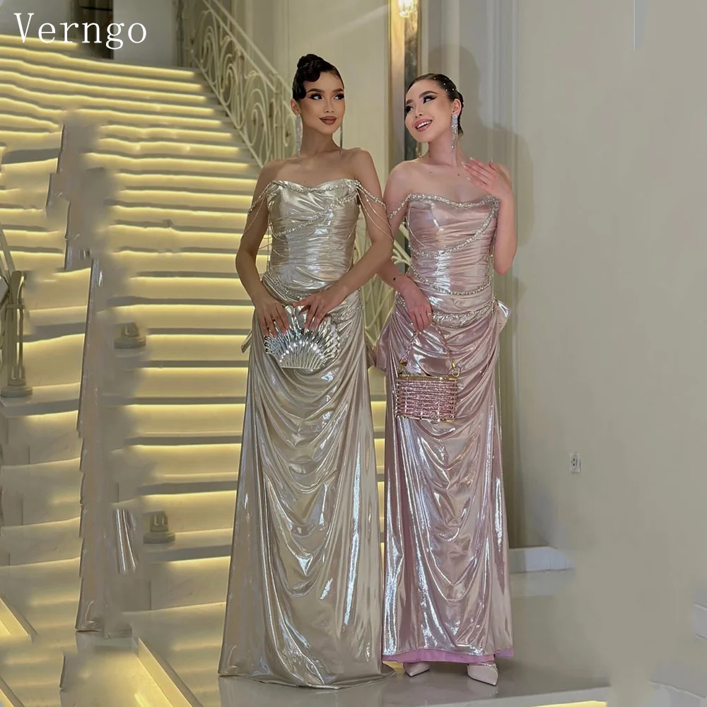 

Verngo Champagne Shiny Evening Dress Strapless Pleat Formal Occasion Dresses Women Modern Prom Gowns Customized