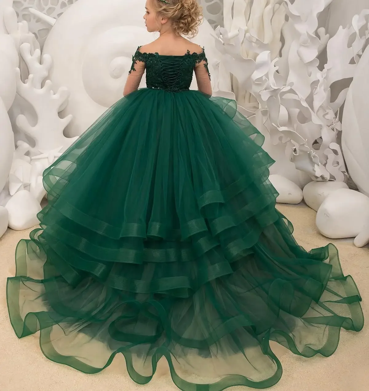 Appliques Ruffles Tulle Pageant Dresses for Girls Kids Party Ball Gowns Custom made Princess Long Sleeve Flower Girl Dresses