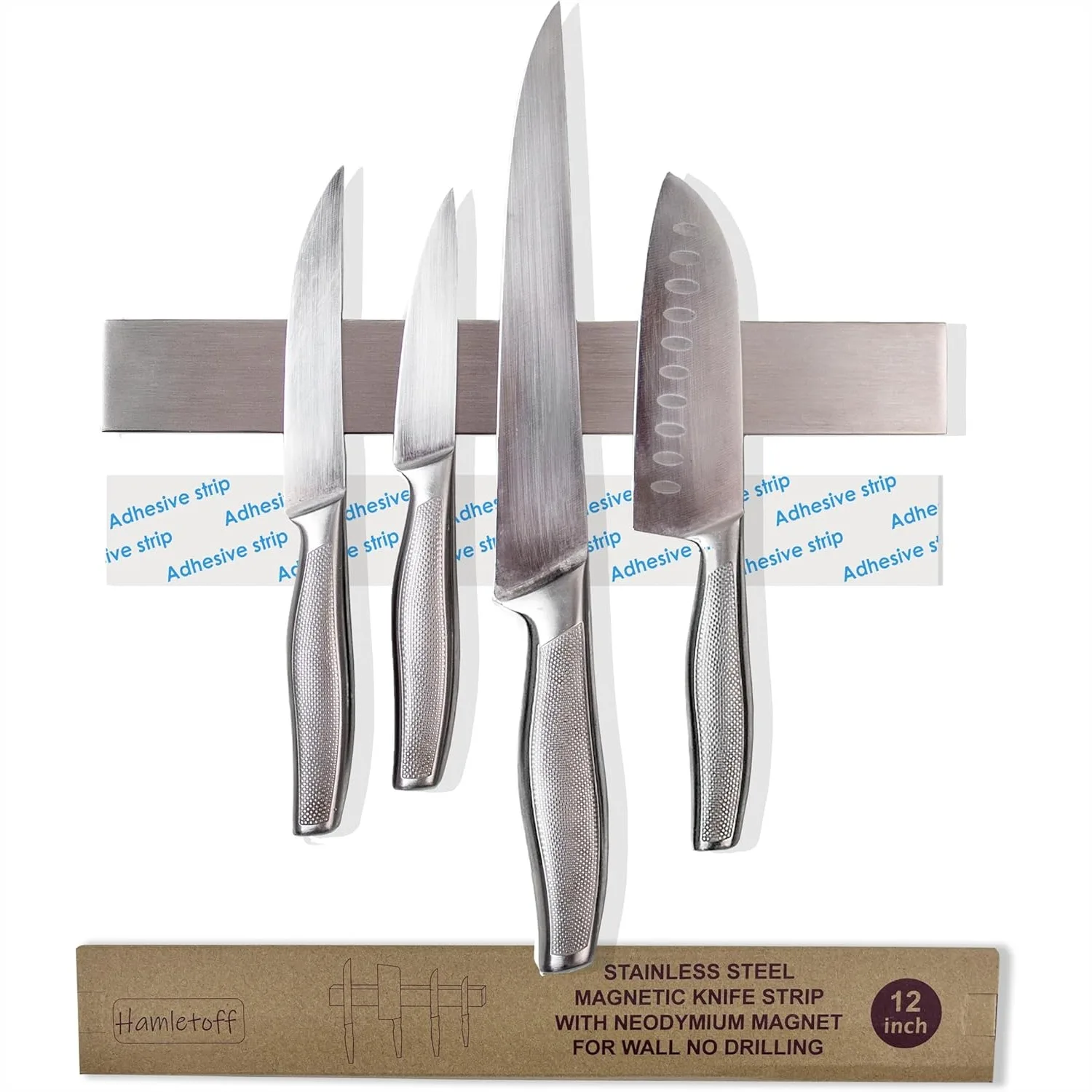 

Magnetic Knife Strip for Wall No Drilling, 12 Inch Stainless Steel Knife Holder with Neodymium Magnets & Strong Adhesive Tape