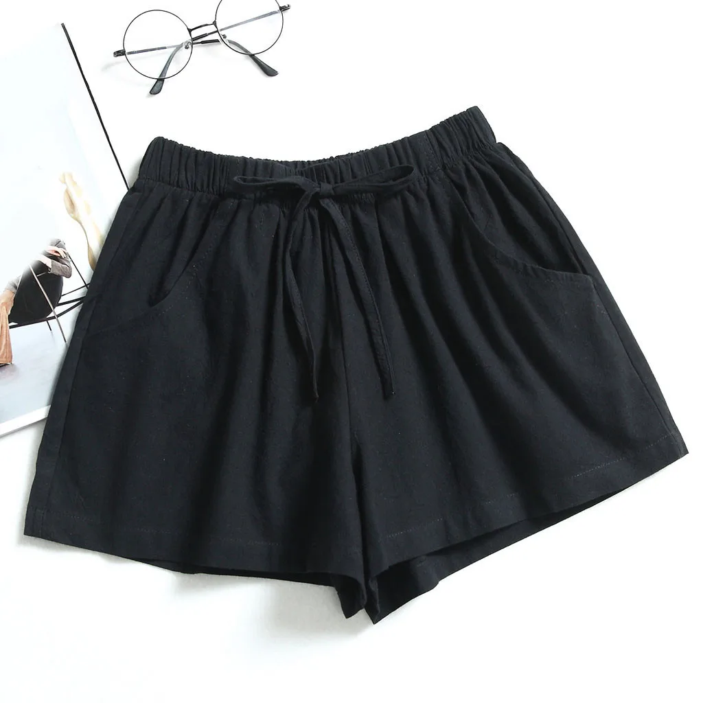 Women\'s Drawstring High Waist Solid Color Shorts Summer Loose Beach Elastic Waist Simplicity Daily Casual Shorts With Pocketed