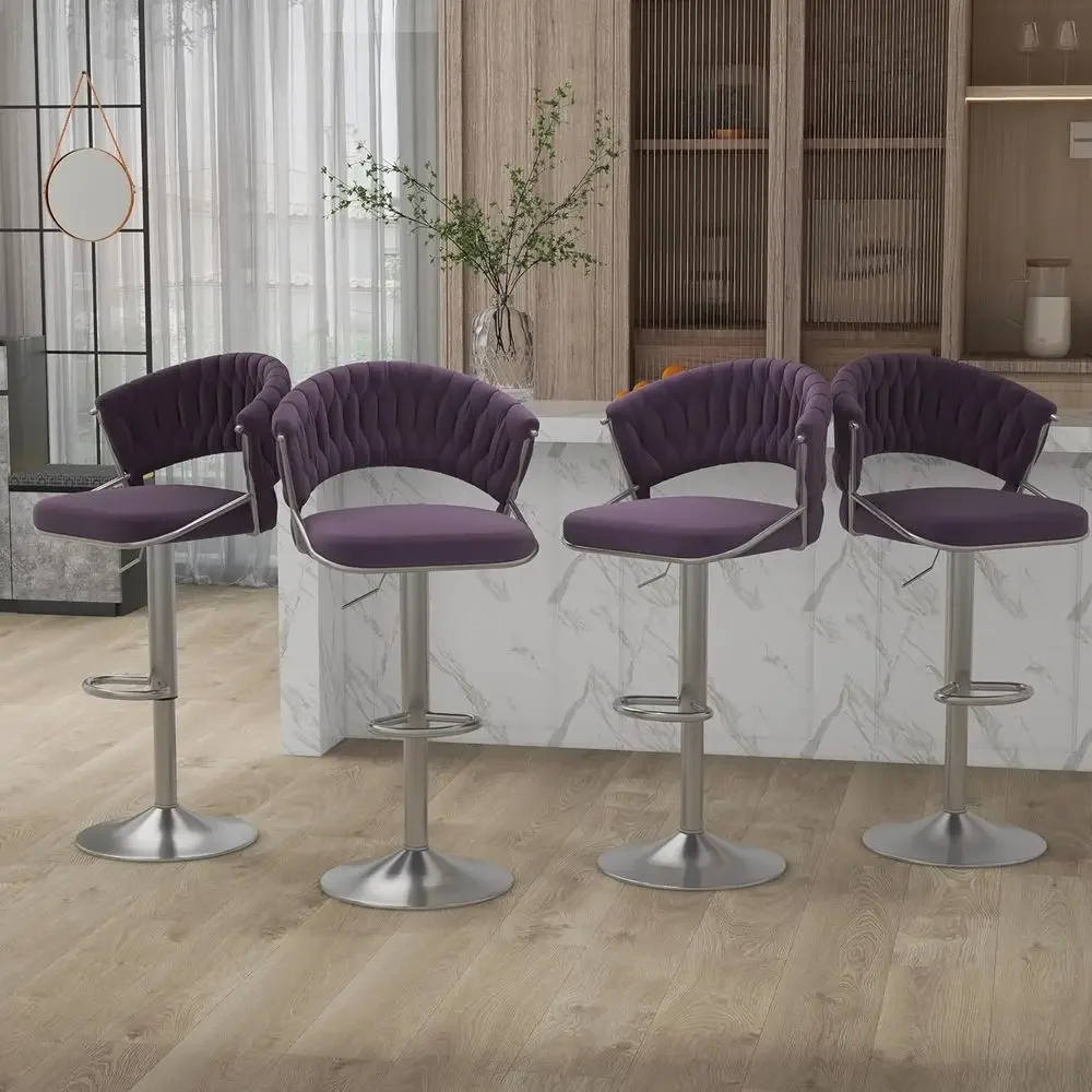 

Set of 4 Velvet Swivel Bar Stools, Adjustable Counter Height, Silver Metal, Kitchen Island Dining Chairs with Woven Backrest and