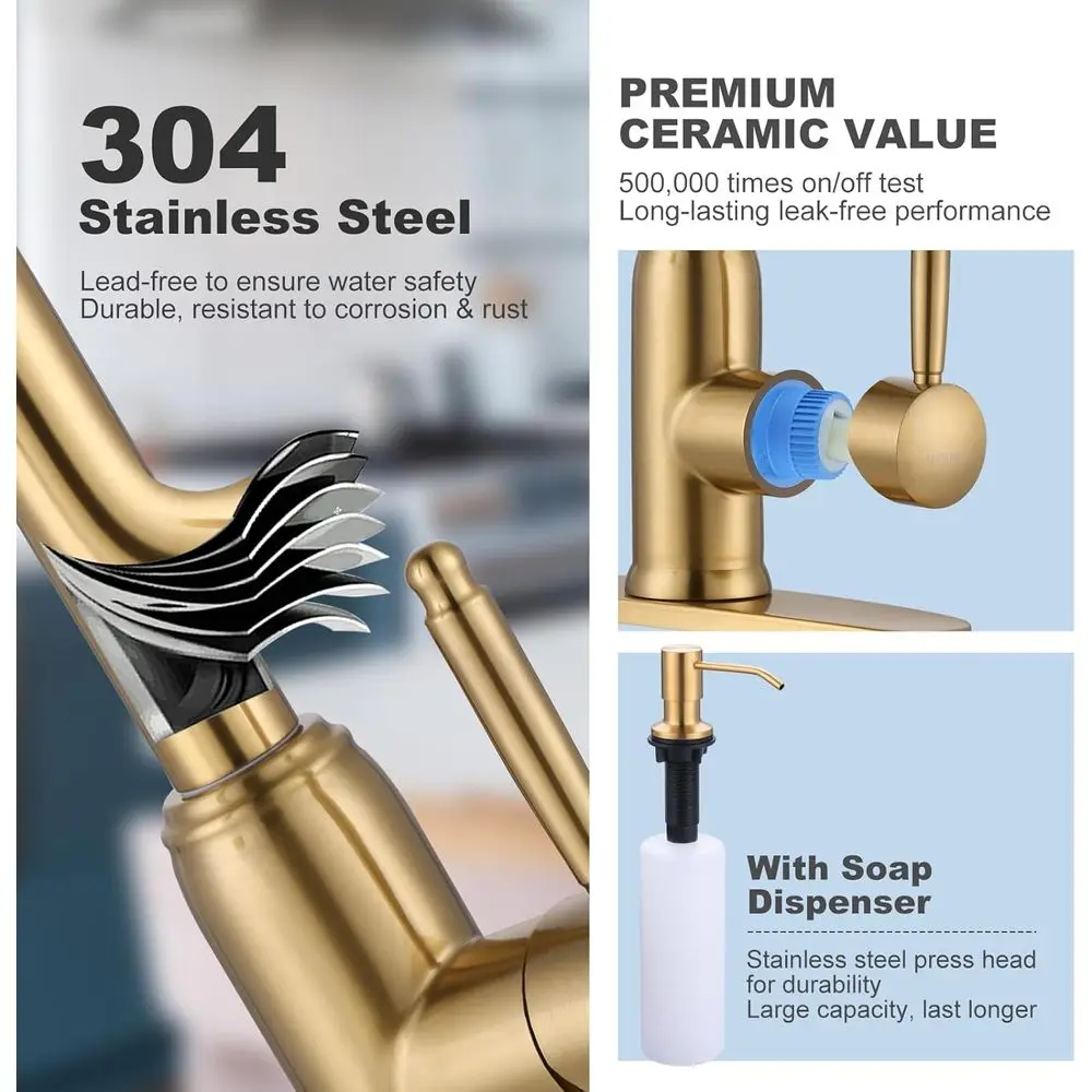 صنبور مطبخ عتيق عالي القوس قابل للسحب للأسفل مع موزع صابون، تركيبات حوض الفولاذ المقاوم للصدأ لتركيب 2 أو 4 فتحات #4