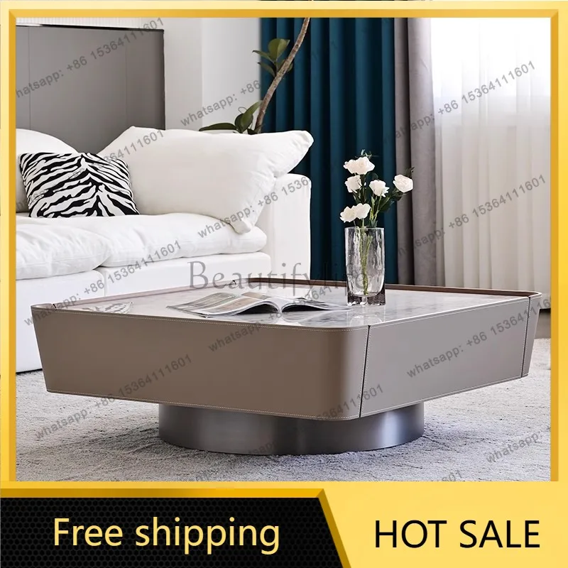 FG Italian minimalist light luxury rock slab coffee table square saddle leather creative high-end