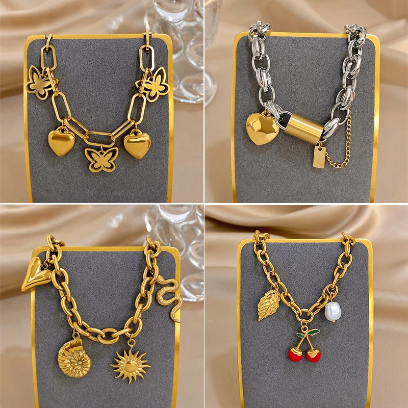 Punk Edelstahl Conch Herz Schmetterling Kirsche Anhänger Armband Mode Dicken Charme Wasserdichte Armreif frauen Männer Schmuck