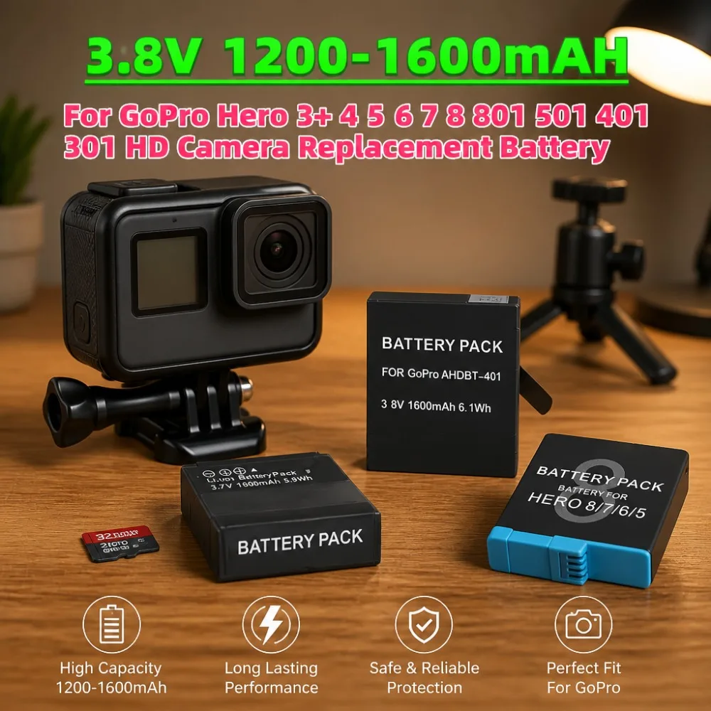 High Quality 3.8V 1200-1600mAh In Stock Lithium Battery Compatible With GoPro Hero3+ Hero4 Hero5 Hero6 Hero7 Hero8 Action Camera