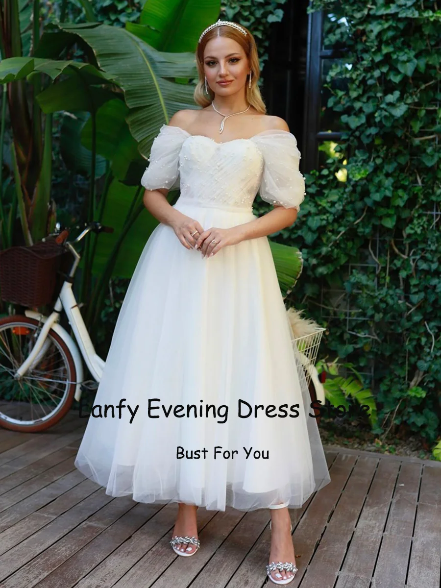 سويت هارت a-line فستان العروس عاجي ، فساتين زفاف بيضاء صغيرة ، ثنيات ، طول الشاي ، دانتيل ، بسيط ، مدني ، قلب