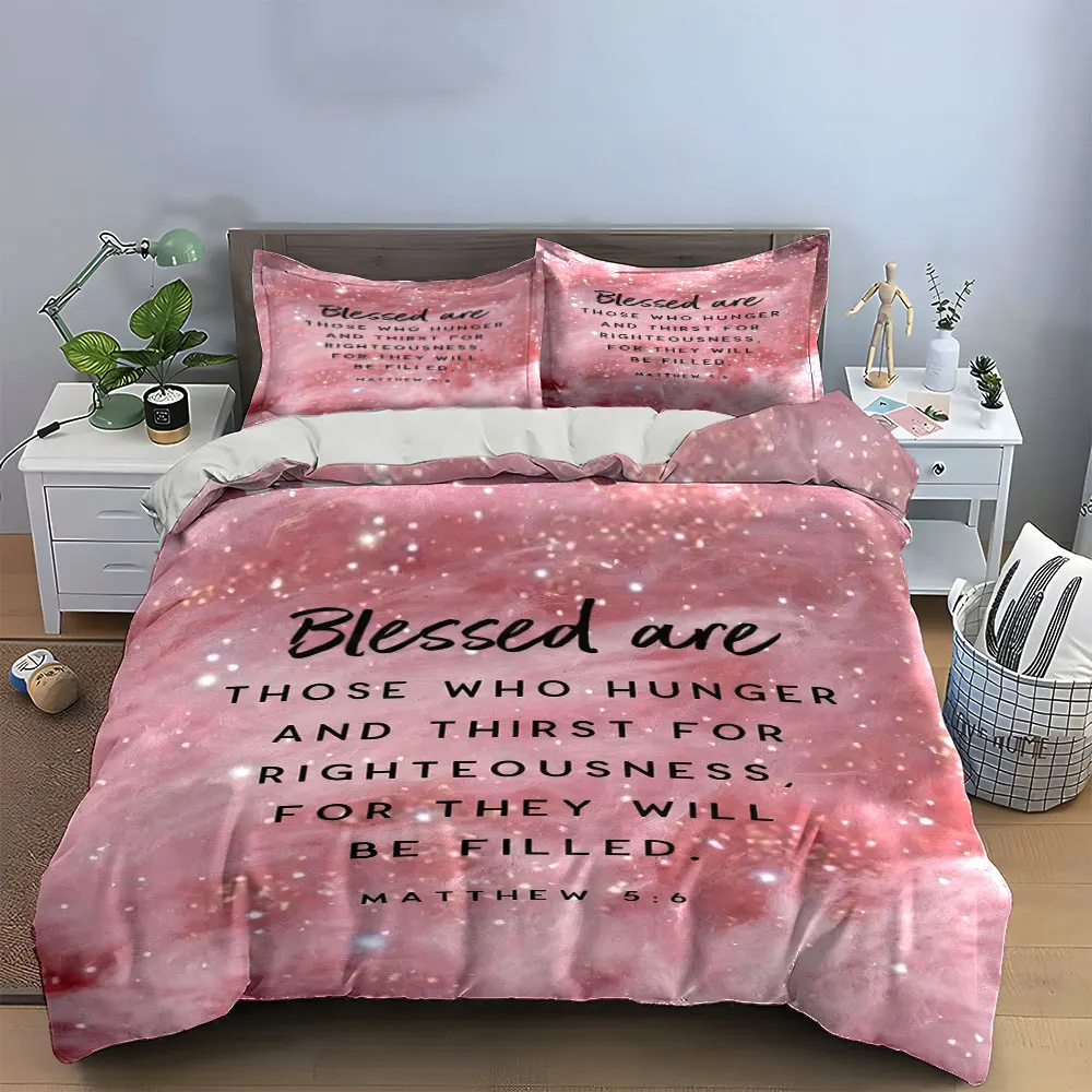 Matthew 5:6 Bible Verse Pink Glitter Duvet Cover Set,Christian Soft Texture Bedding Includes 1 Duvet Cover＆2 Pillowcase,Gift