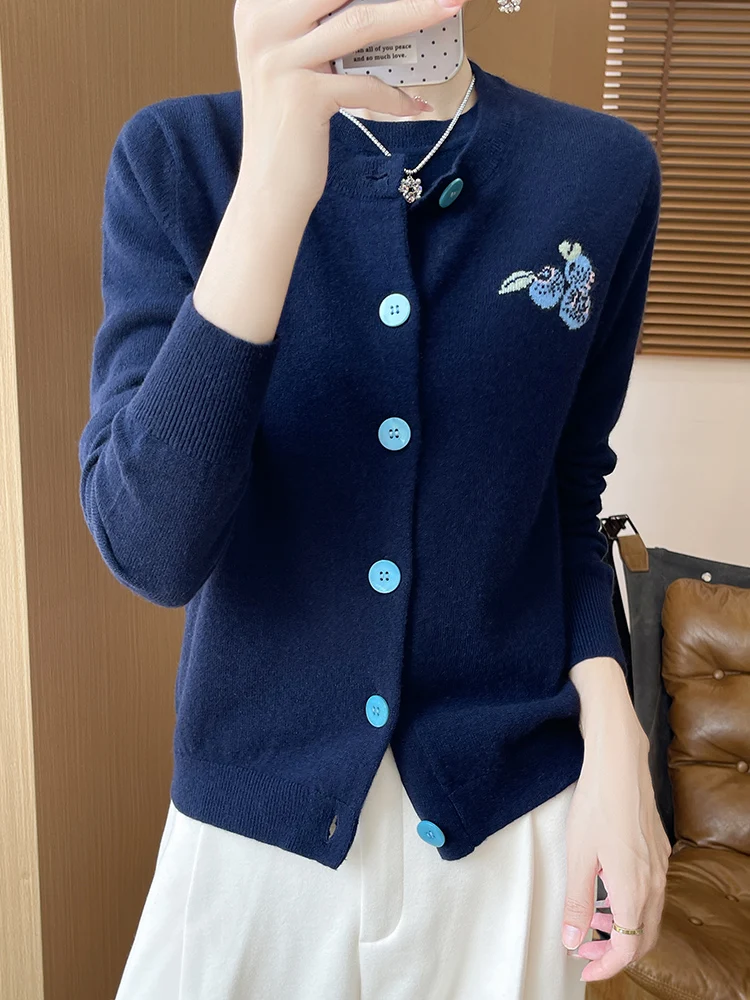 Women Wool Cardigans Sweater Autumn Winter O-neck Simplicity Cashmere Navy Blue Long Sleeve Grace Soft 100% Merino Wool Knitwear