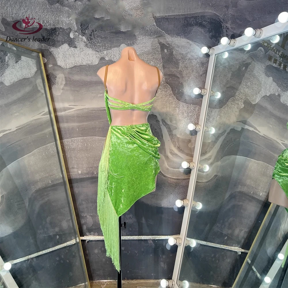 Concours de danse latine, vêtements pour femmes, Costume d'examen d'art en velours vert haut de gamme, robe de spectacle Cha Samba
