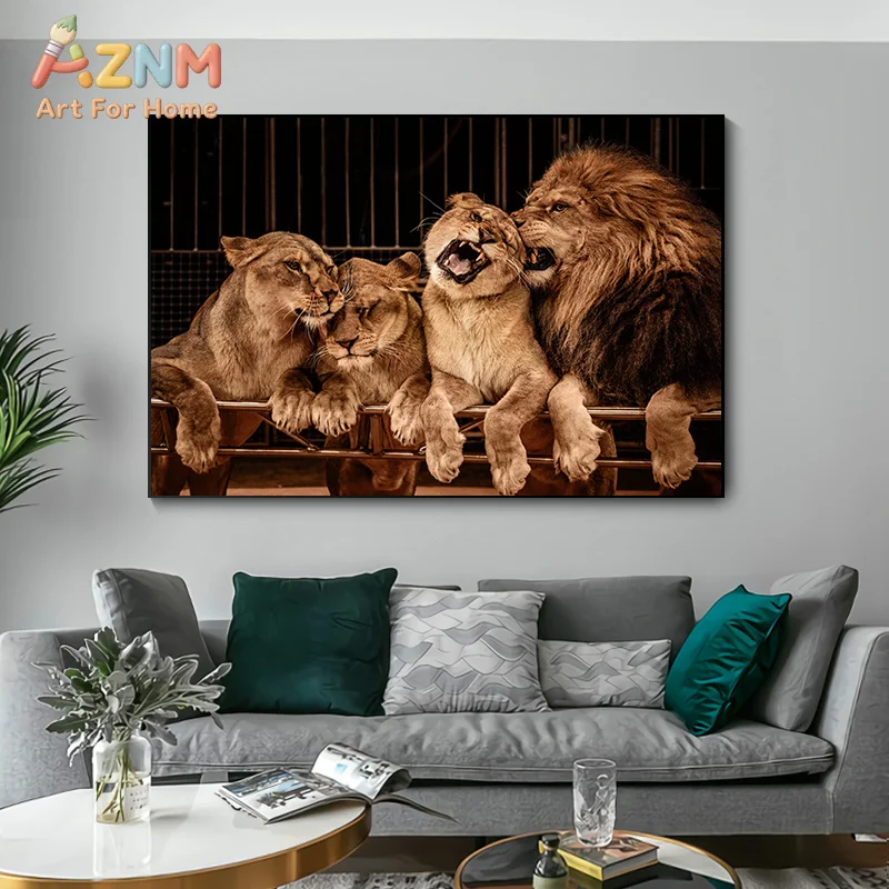 AZNM Noble Lion Family Wild Animal Canvas Wall Art, Vintage Black‑and‑Brown Wildlife Frameless Canvas Print Poster for Living Ro