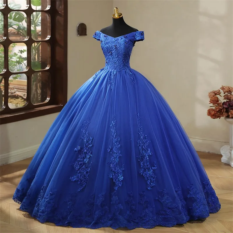 2024 New Blue Quinceanera Dresses Sweet Flowers Party Dress Luxury Lace Ball Gown Vintage Boho Vestidos Pluse Size Custom Color