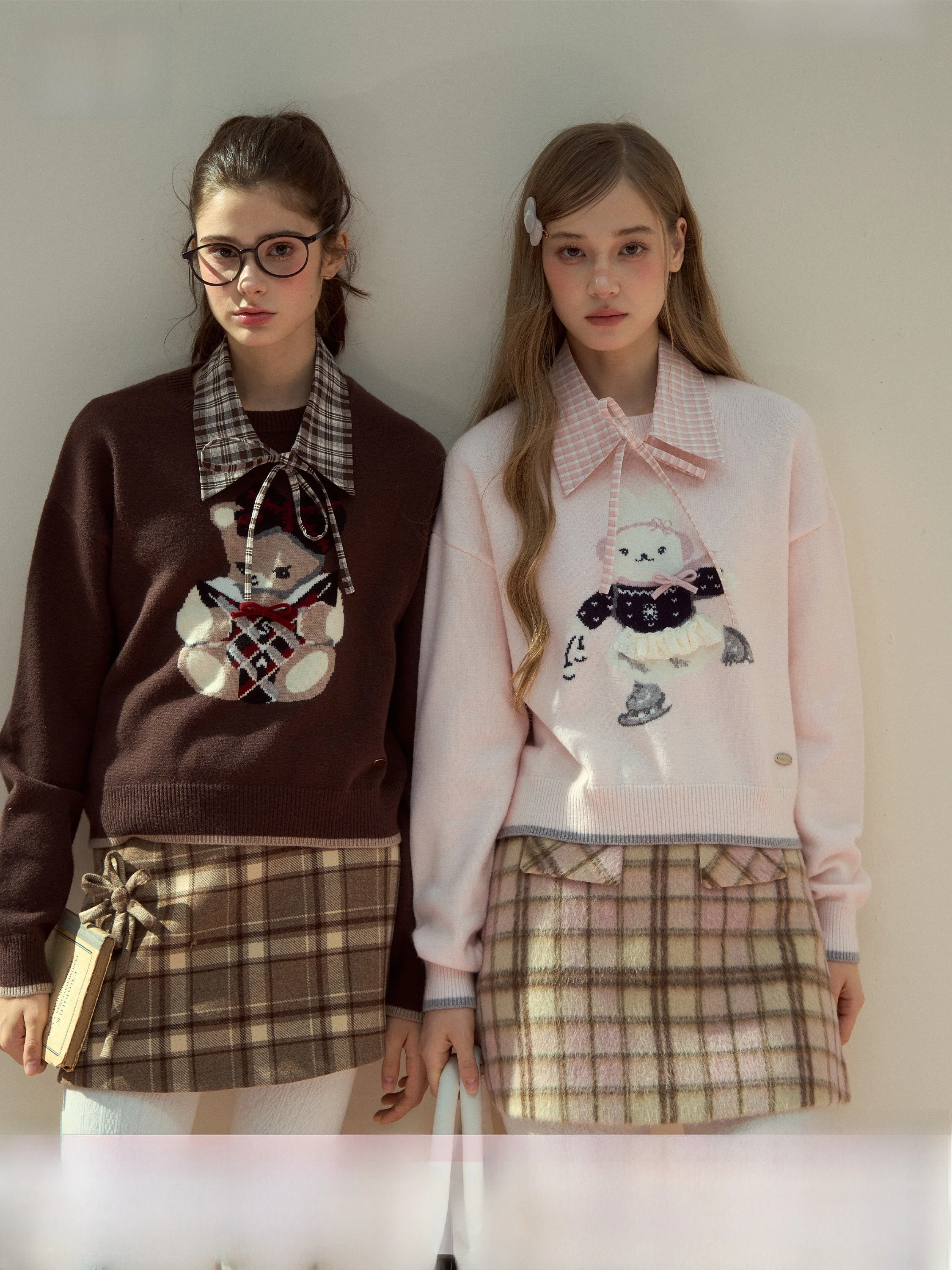 

SunsetPark Bear Rabbit Diary Book Plaid Fake Collar Handmade Sweater for Girls Autumn Winter Warmth Knitted Long Sve round...