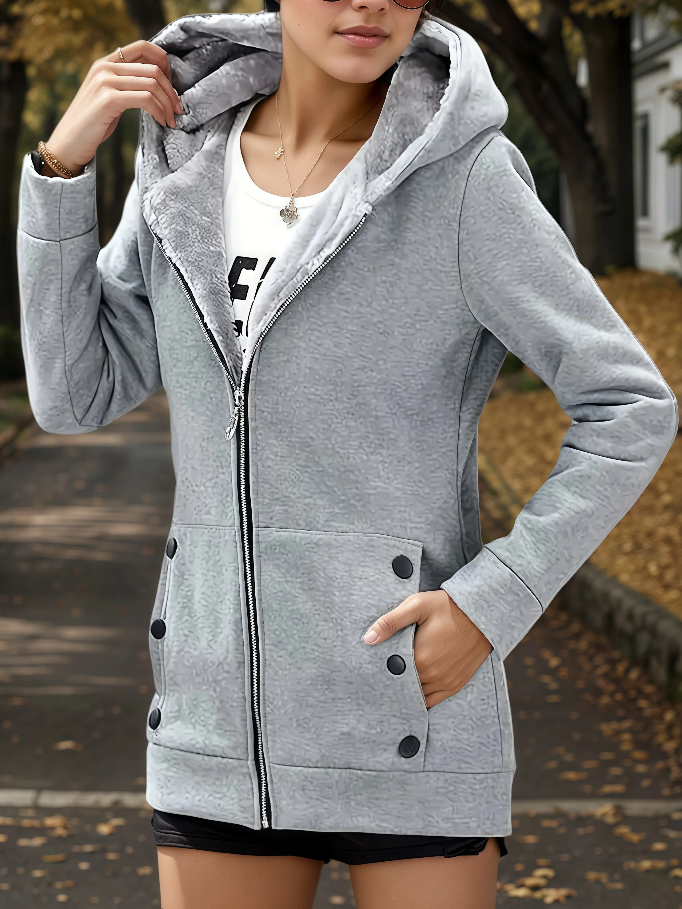 

2025 New Women's Velvet Warm Coat Women's Solid Color Long Sleeve Zipper with Pocket Hoodie Knitted Fabric Winter Edition