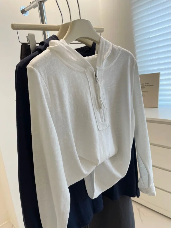 

Casual Loose Women's Long Sve Zipper Hoodie T-irt Early Autumn Lazy Base irt Top Commute Sle Korean Version