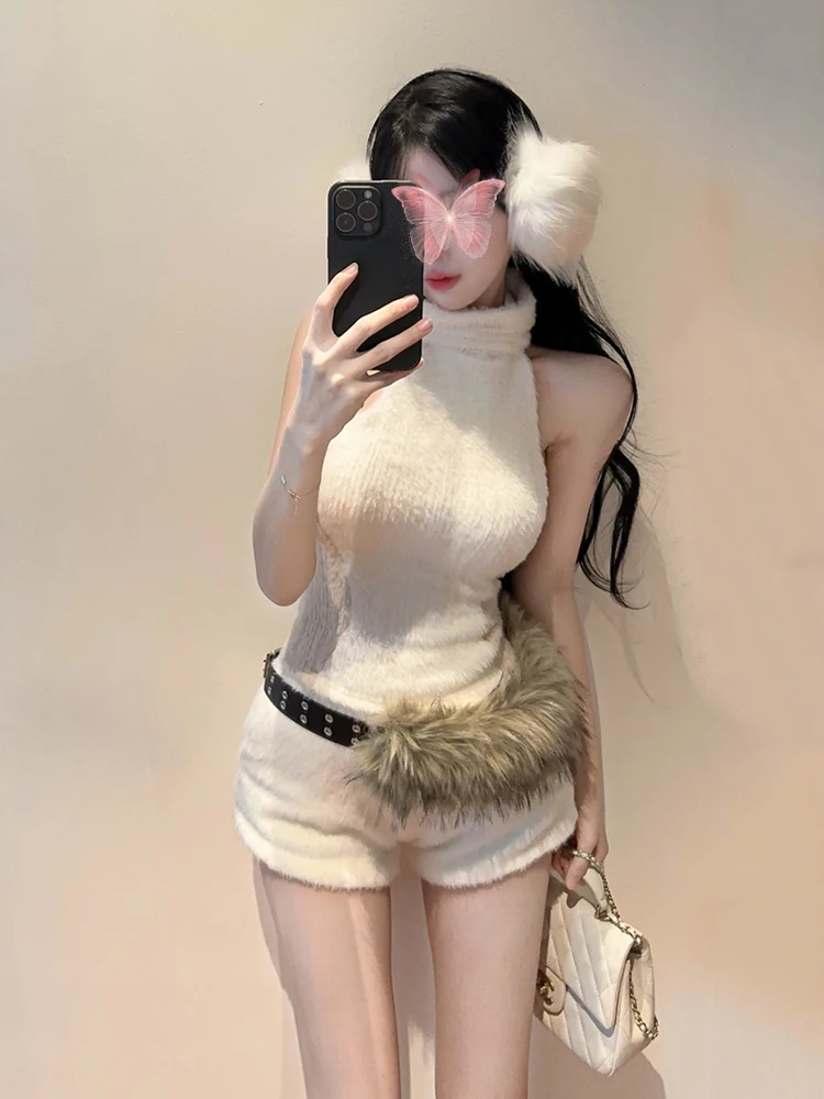 REDDACHiC Contrast Knit Top Shorts with Plush Belt Cutecore Winter Turtleneck Halter Vest Pockets Bootypants Y2k Women Clothes