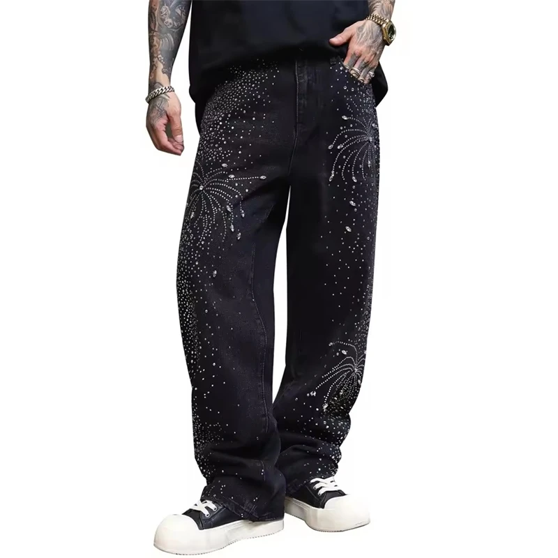 

Men Crystal Denim Jeans Loose Rhinestone Black Pants Punk Hip Hop Streetwear Straight Trousers