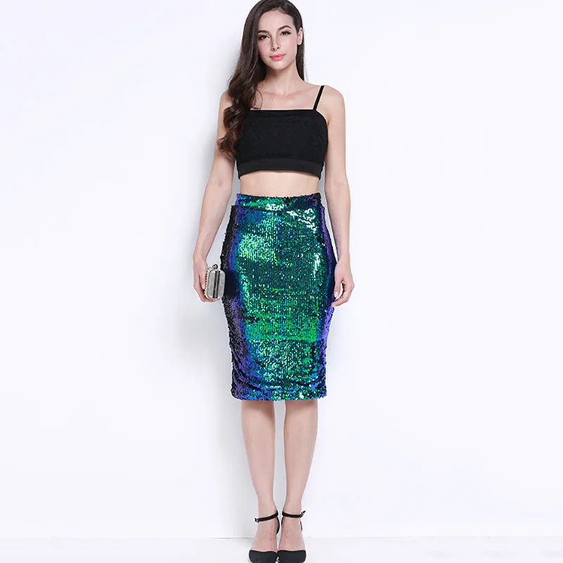 Fashion Sequin Slim Pencil Skirts Women Sexy Night Club Glitter Bodycon Skirts Ladies Elegany Zipper High Waisted Midi Skirt