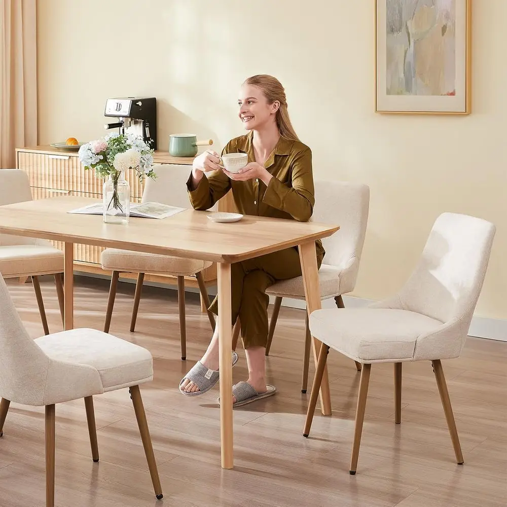 ชุดเก้าอี้ทานอาหารสไตล์ฟาร์มเฮาส์ทันสมัย 4 ตัว หุ้มเบาะหนานุ่ม พนักพิงโค้งมน ผ้าสีเบจ สำหรับห้องครัวและห้องรับประทานอาหาร