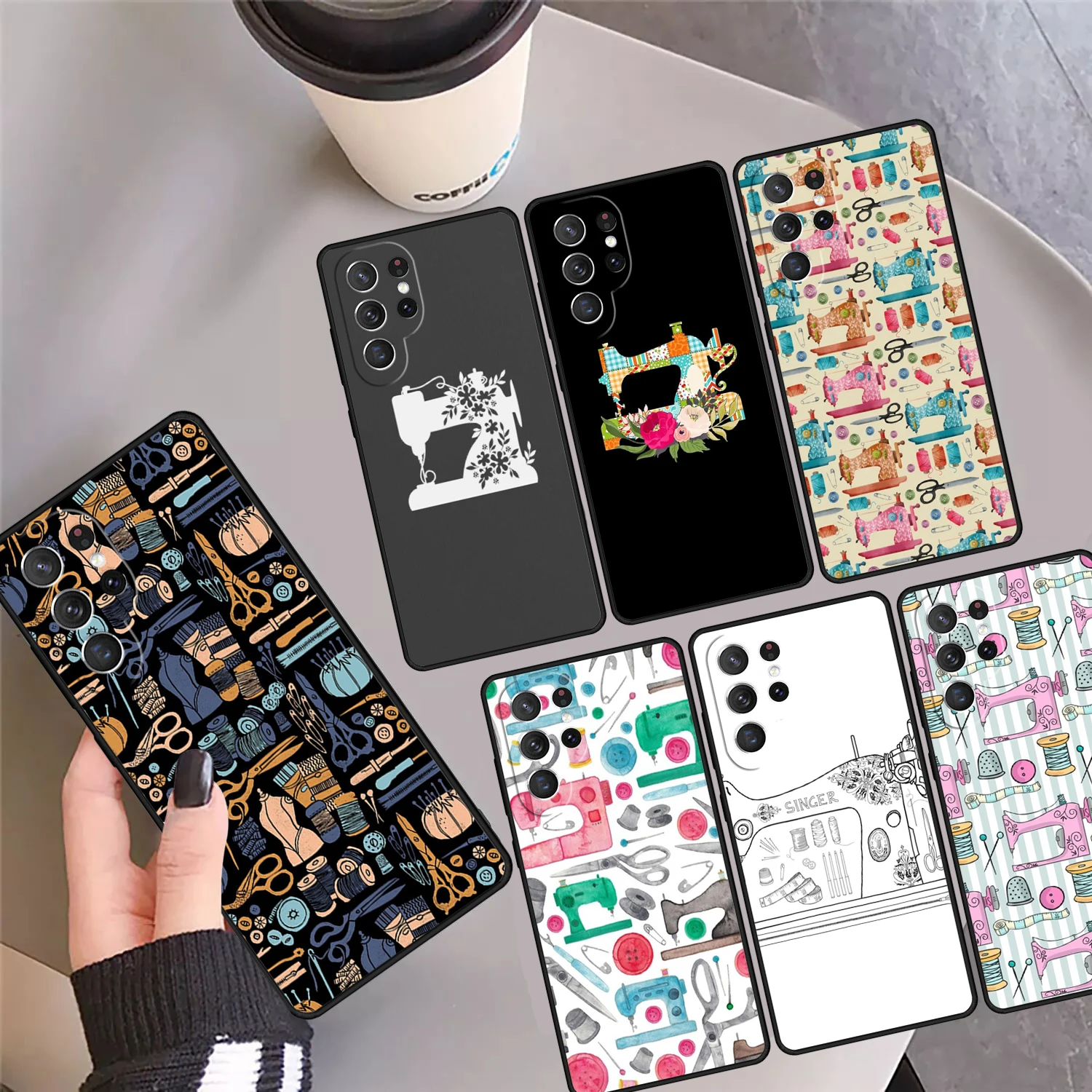 chalkboard Sewing Machine Phone Case Cover For Samsung Galaxy S24 Ultra 23 S22 Plus S21 FE S20 S8 S9 S10 Note 10 Pro Note 20