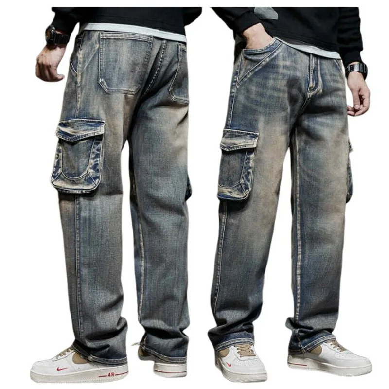 Men Jeans High Street American Multi Pocket Jeans Loose Straight Leg Retro Nostalgic Denim Trousers Size 28-44