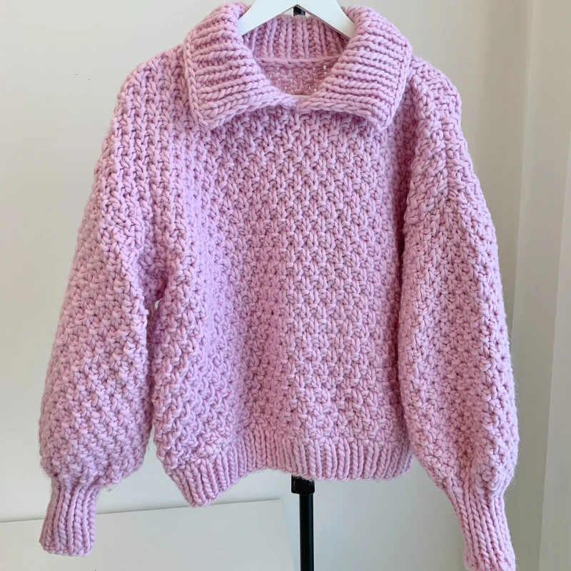 Solid Pink and Red Turn-down Collar Long Sleeves Pure Hand-made Wool Sweater Women Winter Clothes