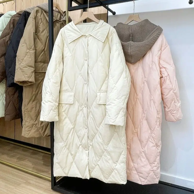 Winter Korean Style Long Cotton-padded Coat Women\'s Casual Stand-up Collar Argyle Pattern Oversized Parka Chic Jacket