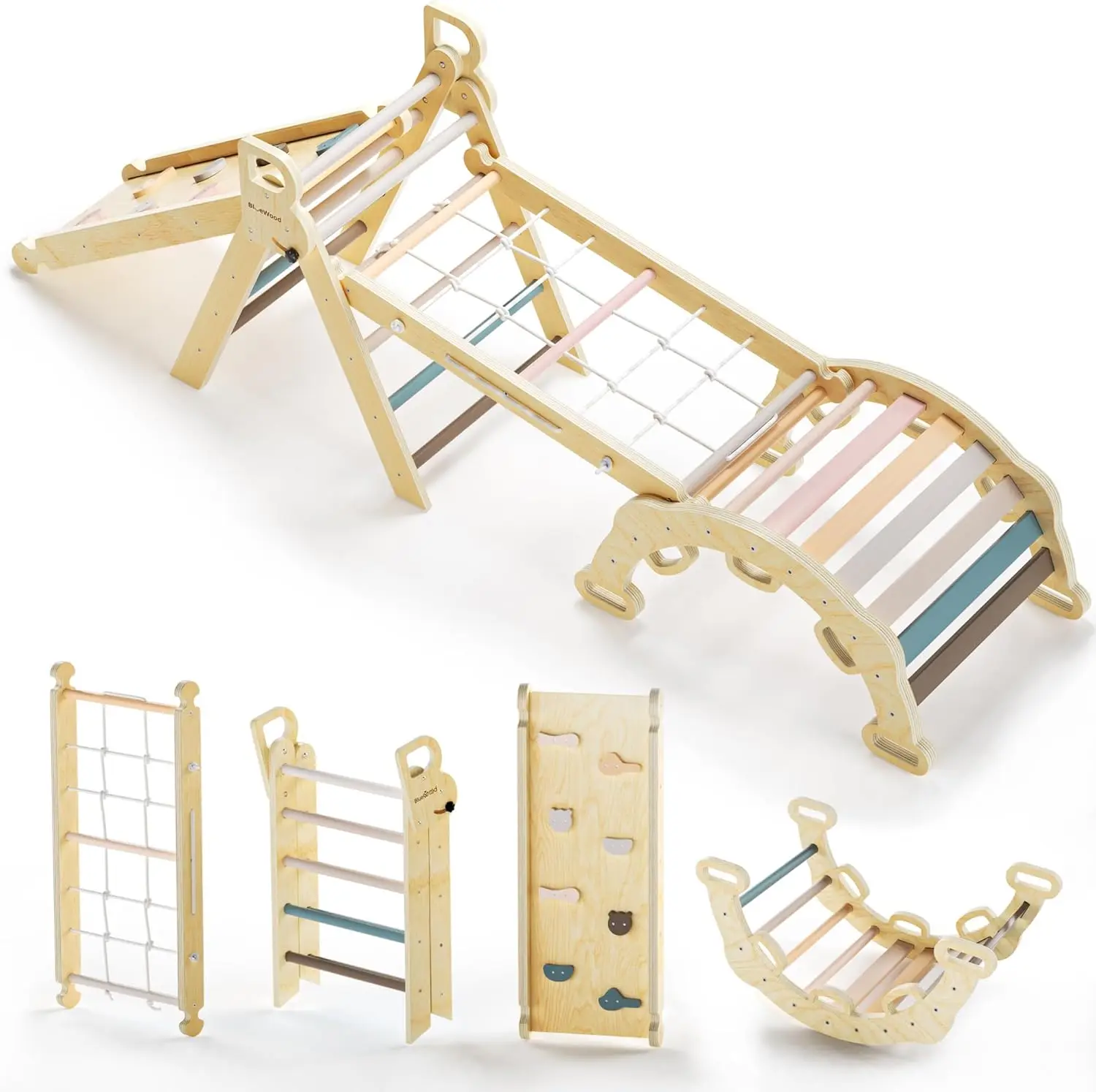 BlueWood 2024 8 in 1 Pikler Triangle Climbing Set Montessori Climbing Set Toddler Climbing Toys Indoor Baby Jungle Gym Pikler Cl