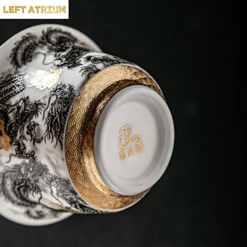 Chinese Dark Dragon White Sheep Fat Jade Porcelain Gaiwan 360° Water Outlet Gold Painted High-end Retro Tea Bowl