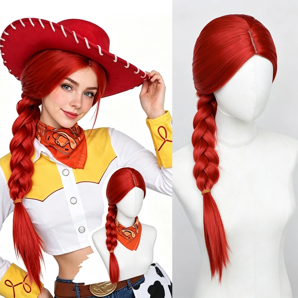 Long Red Pigtail Wigs for Women, Synthetic Realistic Cosplay WigsBraided Wigs, Straight Pigtails Style, Heat Resistant