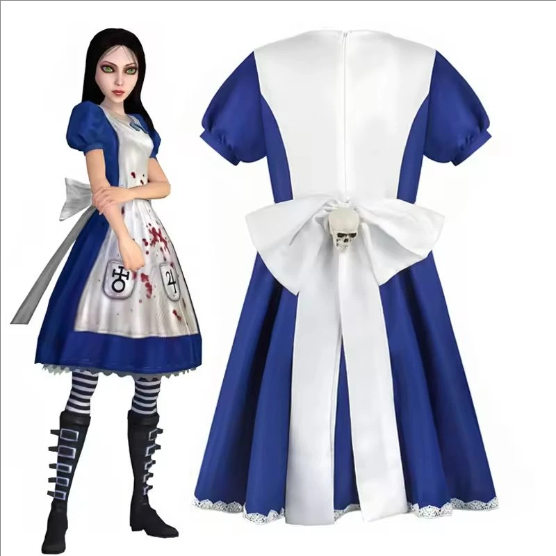 أنيمي أليس فستان الأميرة خادمة المئزر فستان لعبة الجنون يعود أليس تأثيري حلي للنساء الفتيات حفلة الهالوين