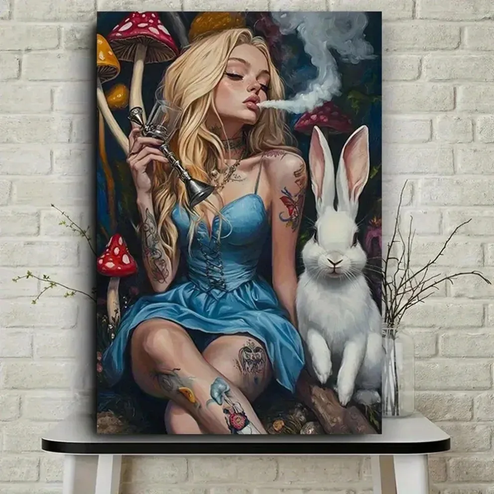 2D Edgy Whimsical Canvas Art –  in Blue Dress with White Rabbit & Mushrooms |Ideal for holiday  Decor, Fits room/Office/Kitchen
