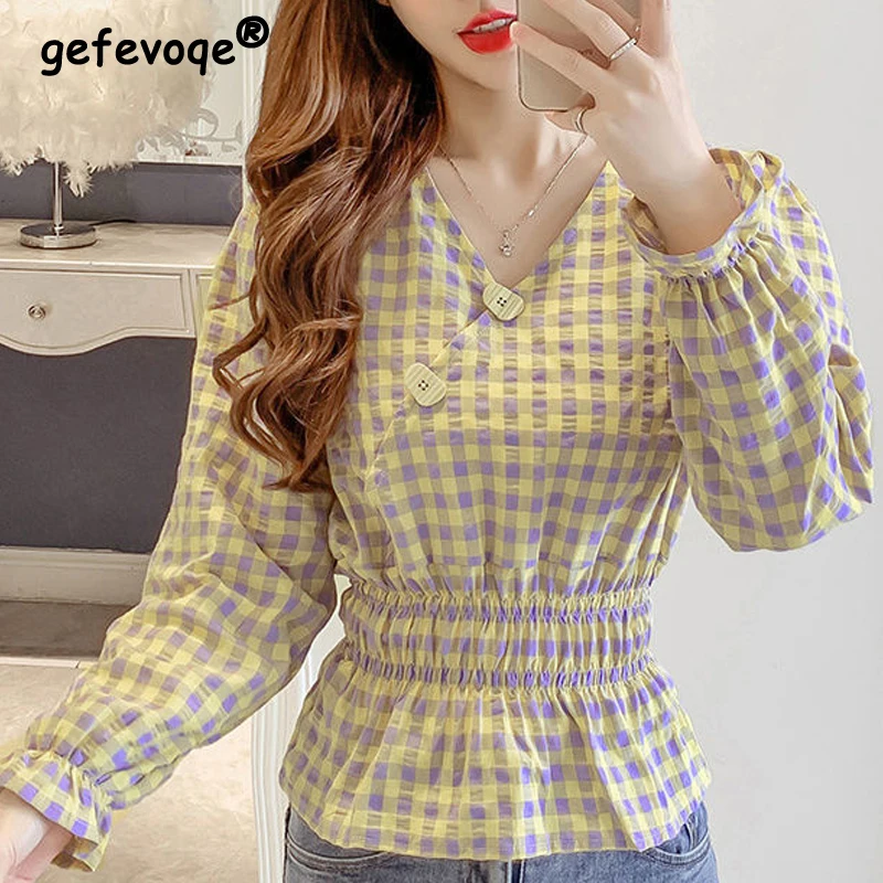 

Women's Clothing Spring Autumn Korean Fashion Plaid Print Sweet Blouses Elegant V Neck Slim Shirts Casual Long Sleeve Chic Tops