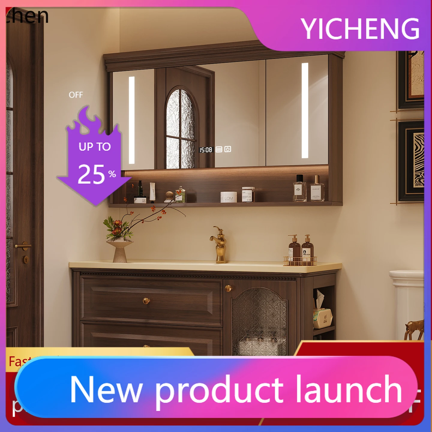 

LYY Oak Bathroom Cabinet Set with Integrated Ceramic Basin for Washing Hands and Face