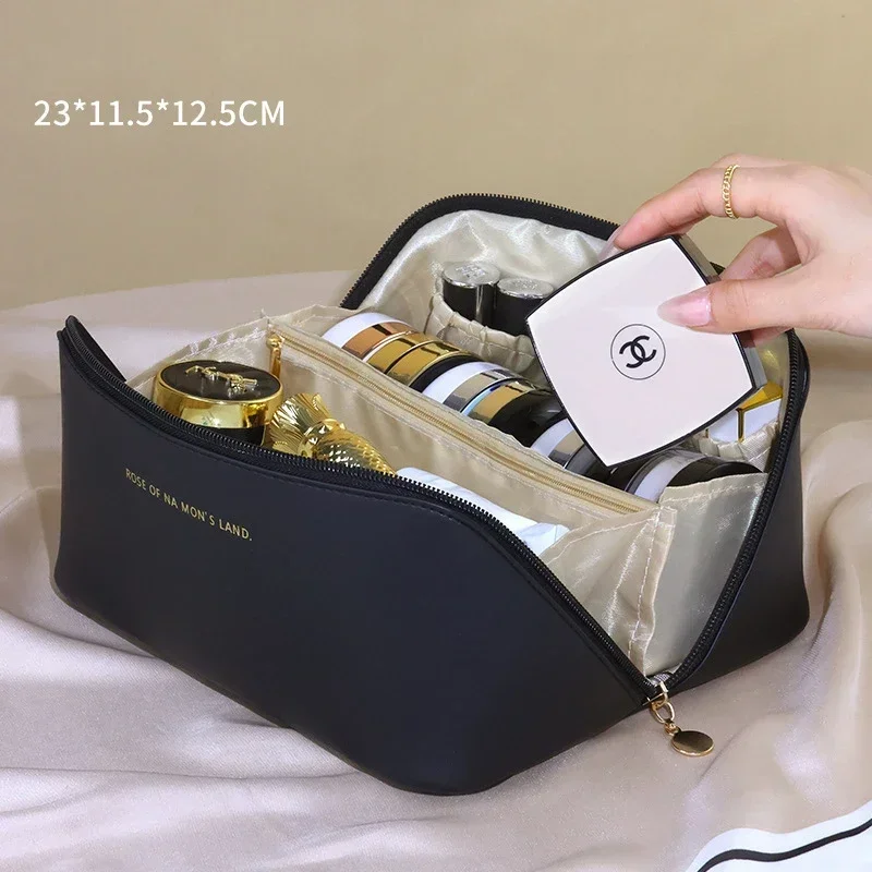 Leather Travel Makeup Bag Large Capacity Portable Makeup Storage Case Waterproof Multifunctional Toiletry Organization Handbag