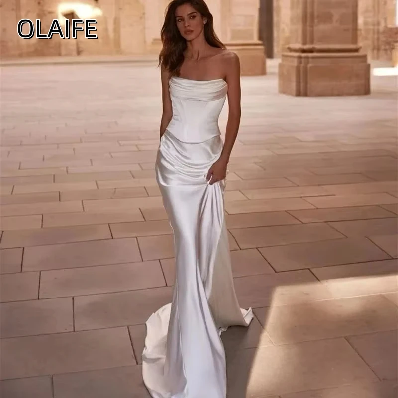 Olaife Satin Mermaid Long Wedding Dresses Simple Strapless Bridal Dress Sleeveless Bride Gown свадебное платье