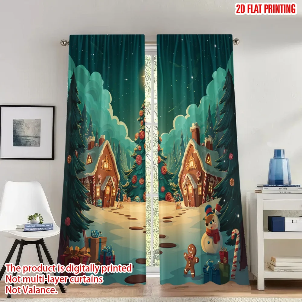 

2pcs 2D flat printing Christmas Curtains Christmas Village Snowing Gift Digital Printed Polyester Drapes Holiday Decorations