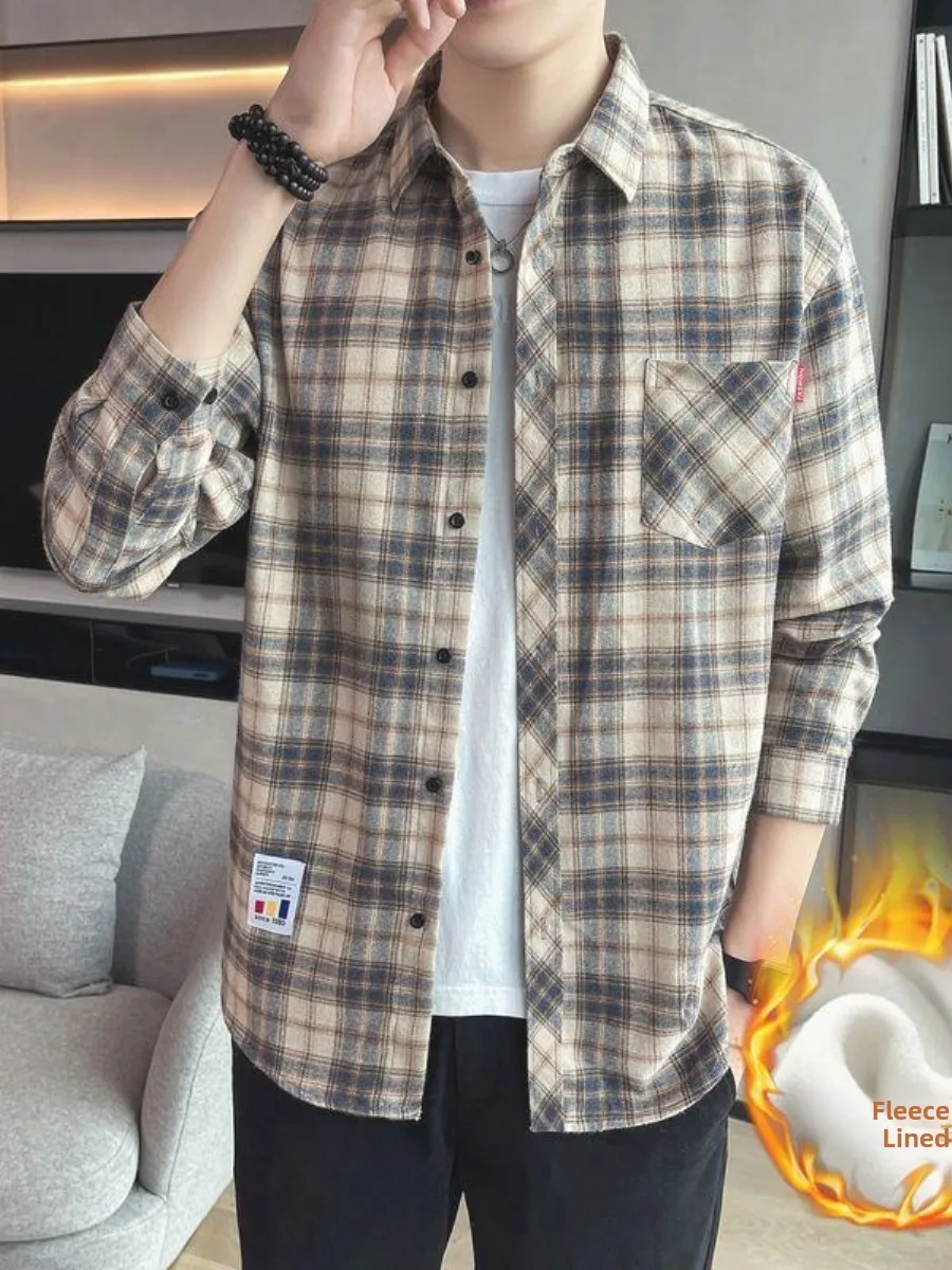 

Retro Plaid Men's irt Autumn Winter Thiened Fce Casual Classic Sle Warm Student Youth Faionable Long Sve C...