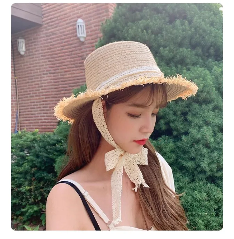 Flat Natural Raffia Straw Hat Women\'s Summer 2024 New Korean Version Ins Small Fresh French Lace Seaside Beach Hat