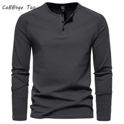 Spring New Men's Henry Neck Long Sleeved T-shirt with Casual Solid Color Base, Casual Slim Fit and Comfortable summerTop