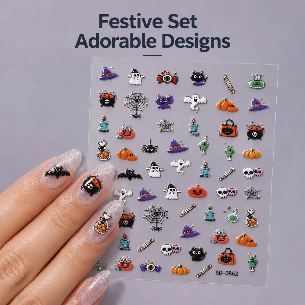 1Pc 1Sheet 5D Embossed Halloween Nail Stickers Magic Potion Cauldron Pumpkin Spider Self‑Adhesive Decals DIY Manicure Art Parts