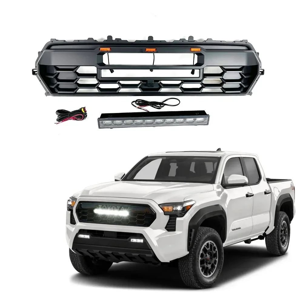 New Arrival ABS Mesh Style ABS Car Grills for Tacoma 2024 4th Gen TRD PRO Front Grills with LED Bar Lights Euro Car Partscustom