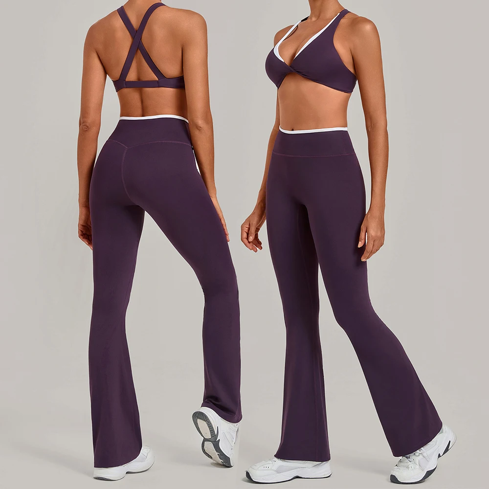 2PCS Fitness Suit Women's Tracksuits Contrast Color Flared Pants Yoga Set Sports Outfits Gym Clothes Sports Bra Athletic Wear