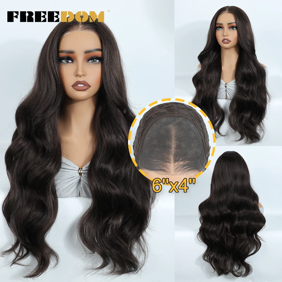 FREEDOM Synthetic Lace Front Wigs For Woman Long Body Wave Lace Wig Ombre Brown 6x4 Pre Plucked Pre Cut Wear and Go Glueless Wig