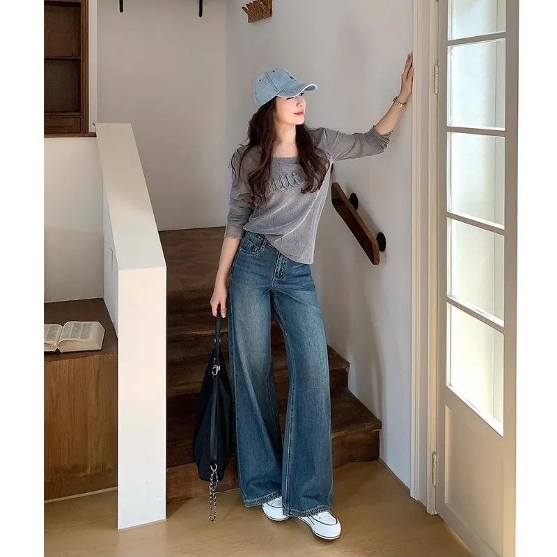 

Осенние новые прямые джинсы с высокой талией в стиле ретро, женские джинсы, модные свободные узкие широкие брюки, повседневные женские брюки