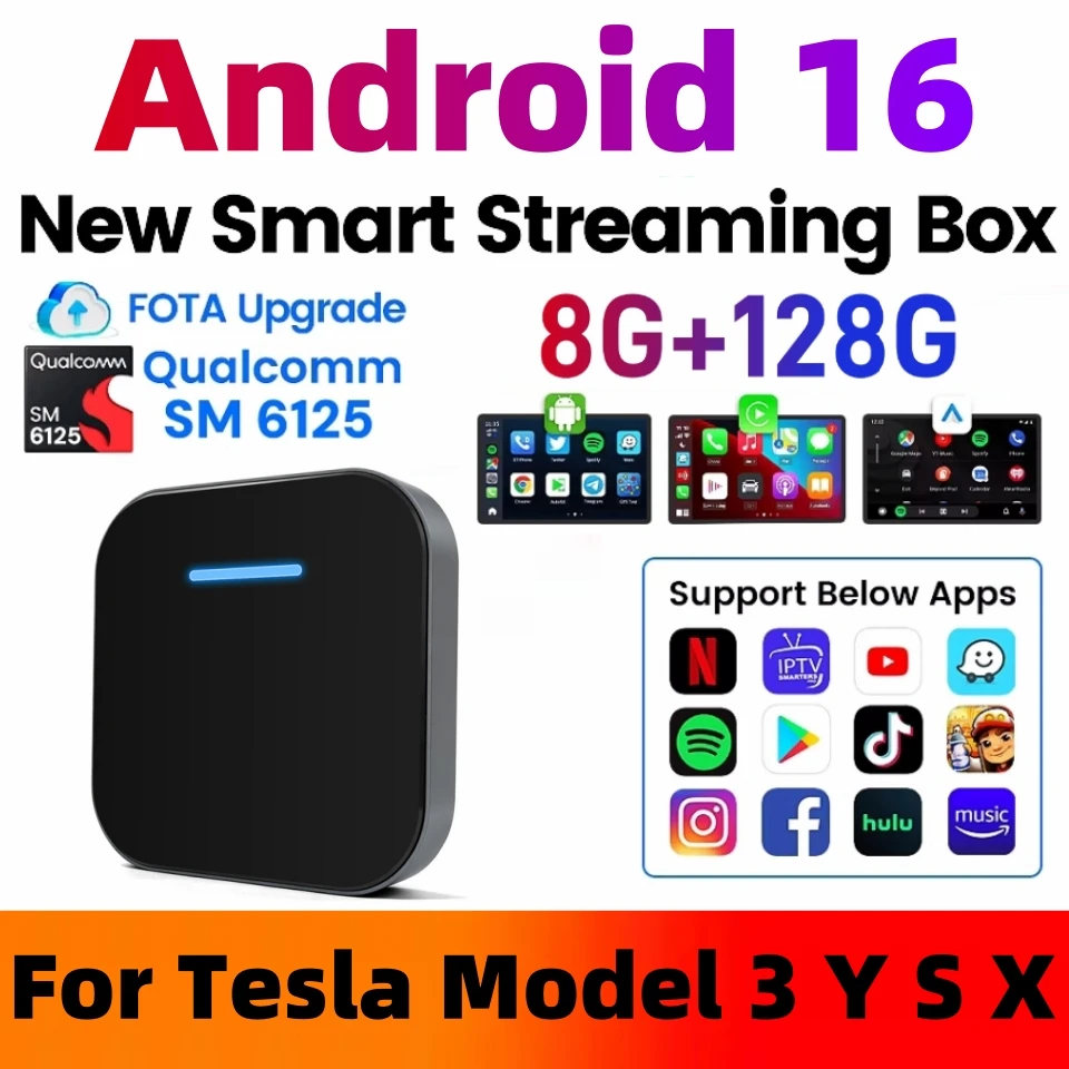 For Tesla Model 3 Y X S Wireless CarPlay Adapter Dual Wifi/Bluetooth Android 16 Smart Multimedia AI Box Android Auto Navigation