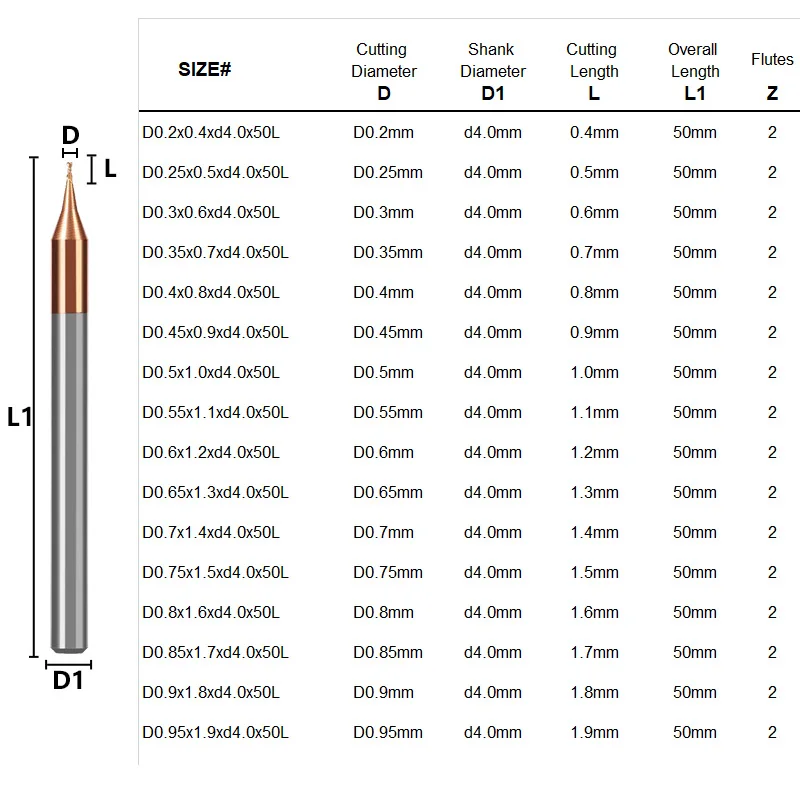 TULX 1PC HRC55 Micro Square End Mill 2 Flutes 0.2-0.9mm TiAIN Micro Flat 4mm Shank Millin Cutter Mirco Carbide CNC Engraving Bit