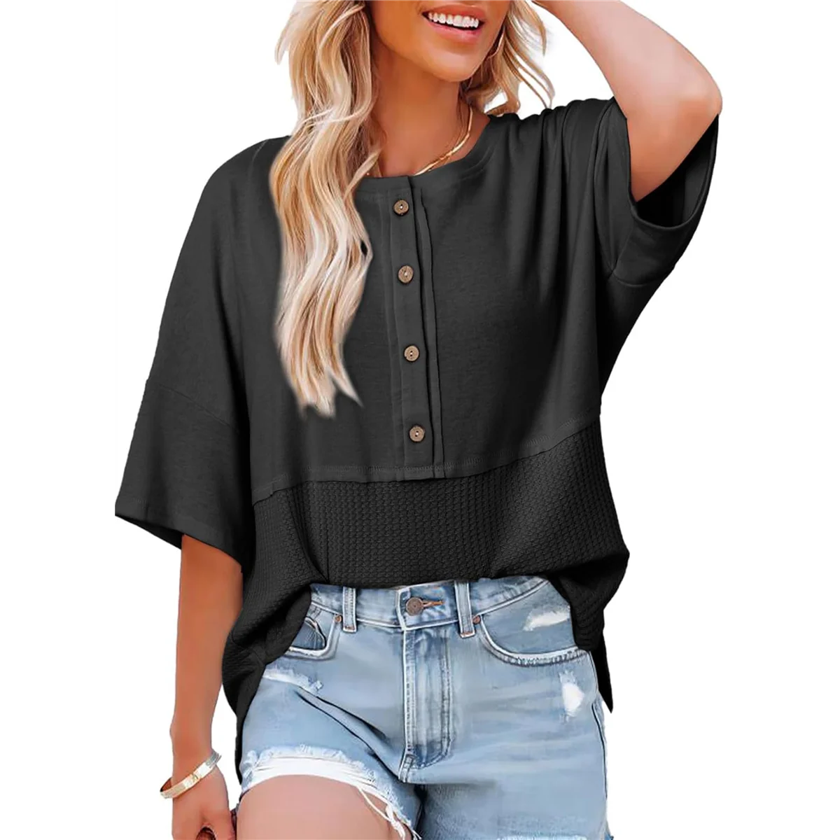 

Women Waffle Knit Tops 2025 Fashion 3/4 Sleeve Crew Neck Oversized Patchwork Blouses Black S