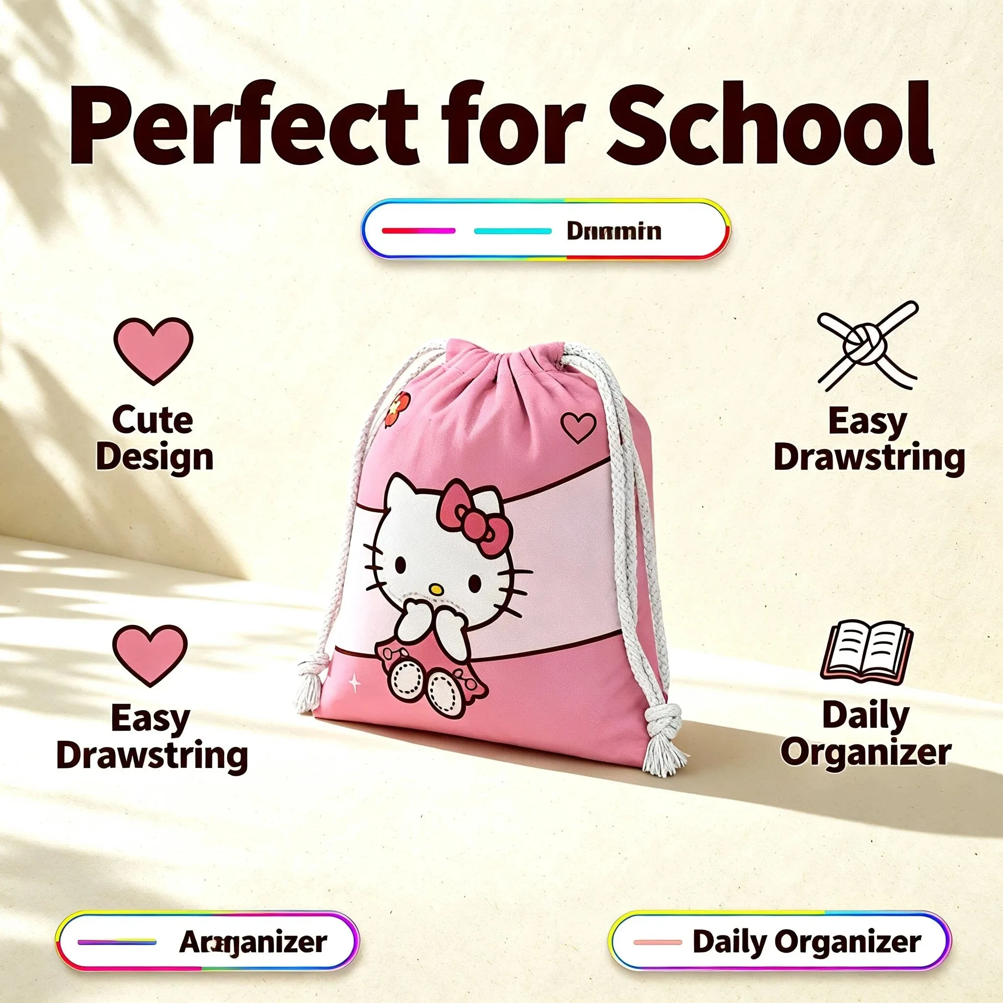 

Sanrio Kuromi Large Drawstring Bag, Kawaii Storage Pouch for School Organization, Multi-use Makeup & Travel Bag, Cute Anime Gift